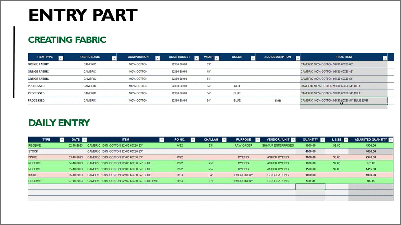 Fabric Movement and Stock Management Excel Template - 1